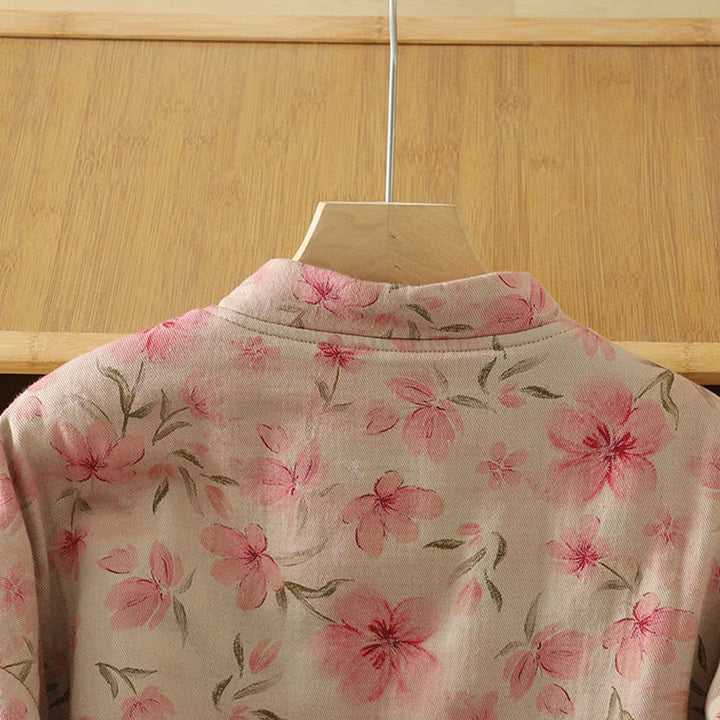 Abrigo de mujer de algodón grueso de manga larga con cuello redondo y estampado de flores y botones de rana con Buddha Stones  - image 4