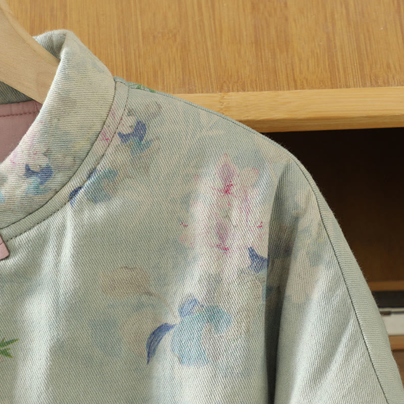 Abrigo de mujer de manga larga y cuello redondo con estampado de flores y botones de rana con Buddha Stones  - image 15