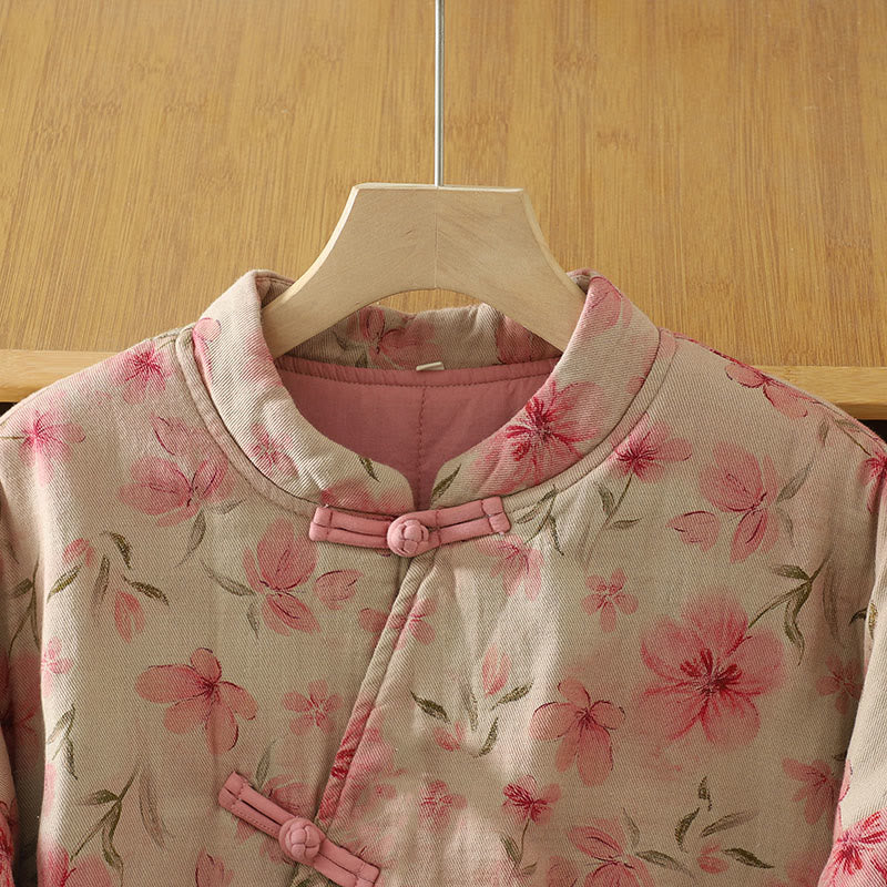 Abrigo de mujer de algodón grueso de manga larga con cuello redondo y estampado de flores y botones de rana con Buddha Stones  - image 2