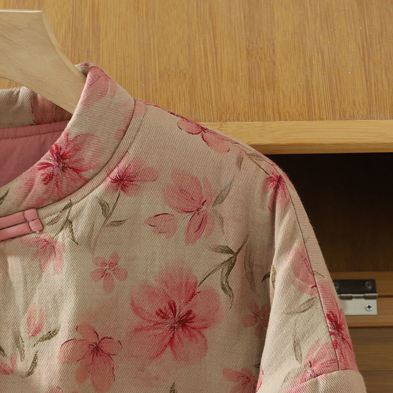 Abrigo de mujer de algodón grueso de manga larga con cuello redondo y estampado de flores y botones de rana con Buddha Stones  - image 3