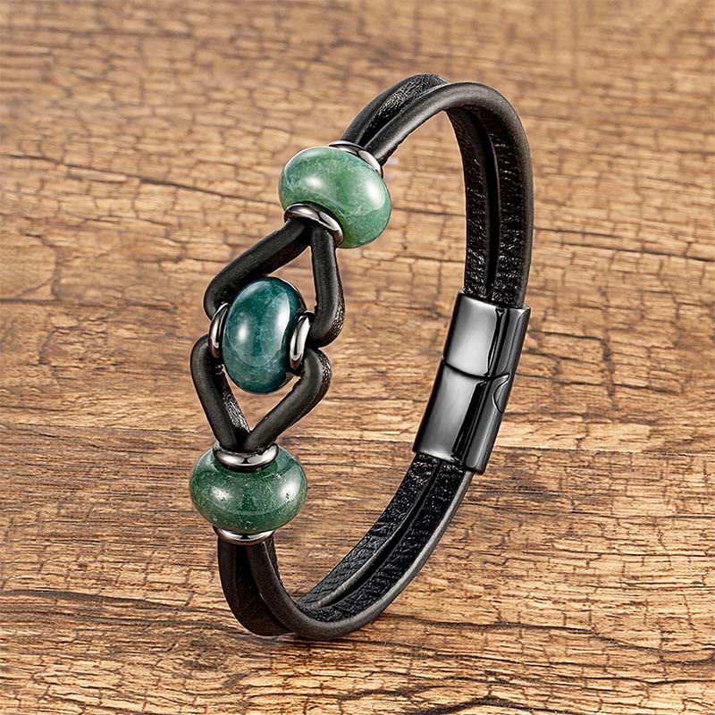 Pulsera redonda de cuero doble con piedras de cristal de amatista y Buddha Stones para aliviar el estrés - Ágata musgosa - 18-22 cm - image 13