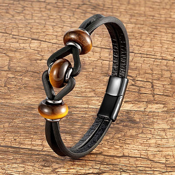 Pulsera redonda de cuero doble con piedras de cristal de amatista y Buddha Stones para aliviar el estrés - Ojo de tigre - 18-22 cm - image 11