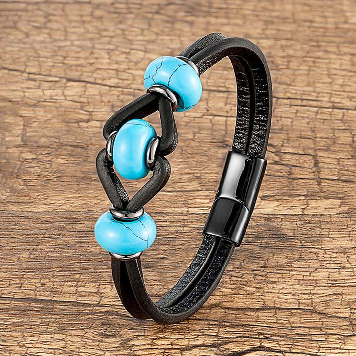Pulsera redonda de cuero doble con piedras de cristal de amatista y Buddha Stones para aliviar el estrés - Turquesa - 18-22 cm - image 4