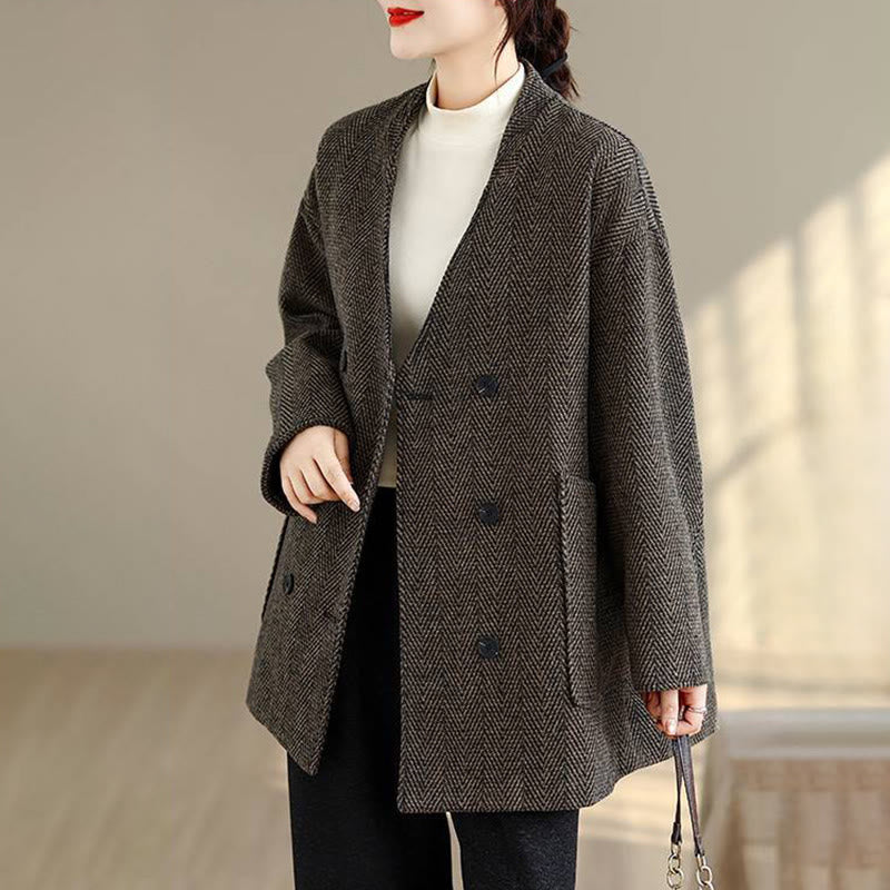 Abrigo de algodón de manga larga con cuello en V y rayas Buddha Stones para mujer con bolsillos - image 14