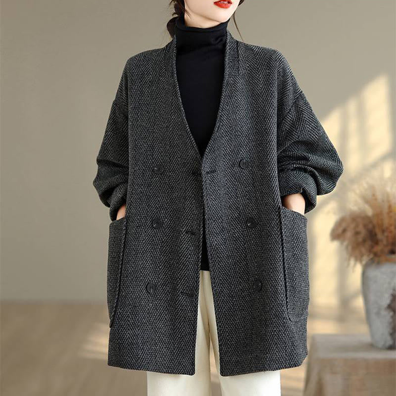 Abrigo de algodón de manga larga con cuello en V y rayas Buddha Stones para mujer con bolsillos - image 1