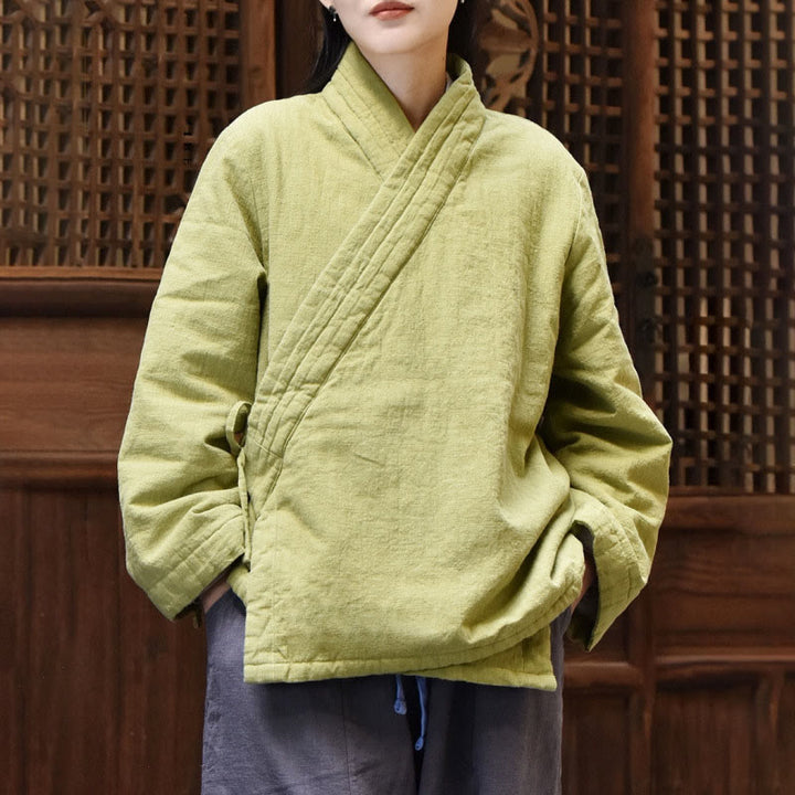 Chaqueta de algodón grueso para mujer, lisa, de manga larga y cuello inclinado con Buddha Stones  - AmarilloVerde - US8-10，UK/AU12-14，EU40-42 (2XL) - image 5