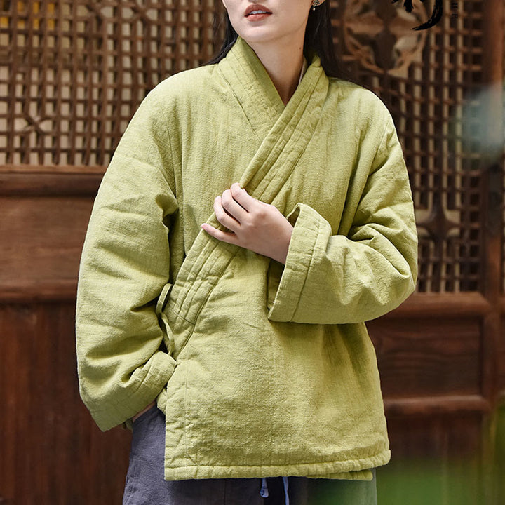 Chaqueta de algodón grueso para mujer, lisa, de manga larga y cuello inclinado con Buddha Stones  - image 7