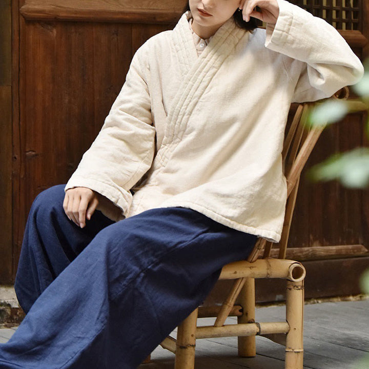 Chaqueta de algodón grueso para mujer, lisa, de manga larga y cuello inclinado con Buddha Stones  - image 3