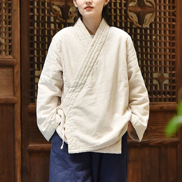 Chaqueta de algodón grueso para mujer, lisa, de manga larga y cuello inclinado con Buddha Stones  - image 1