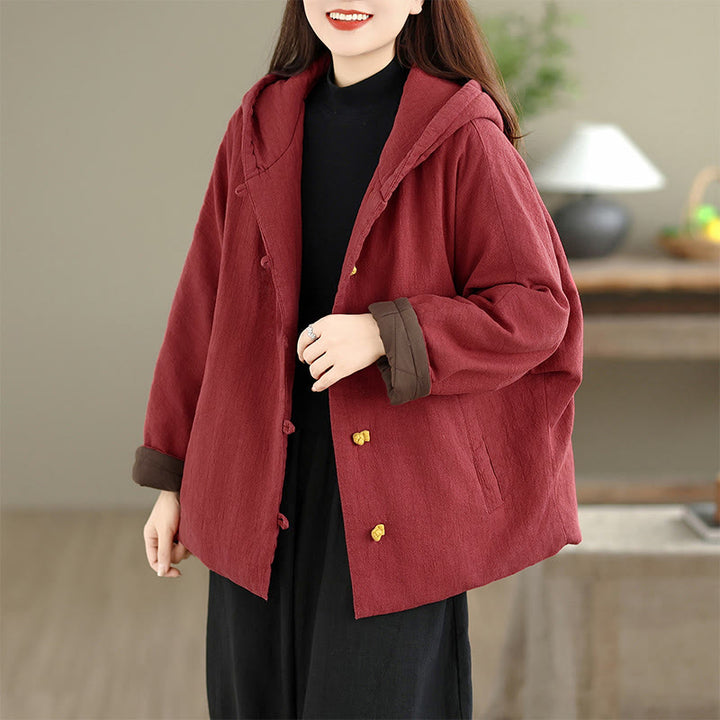 Chaqueta de algodón grueso de manga larga para mujer, lisa, con botones de rana y Buddha Stones, con bolsillos y capucha - Ladrillo refractario - US14，UK/AU18，EU46 (2XL) - image 11