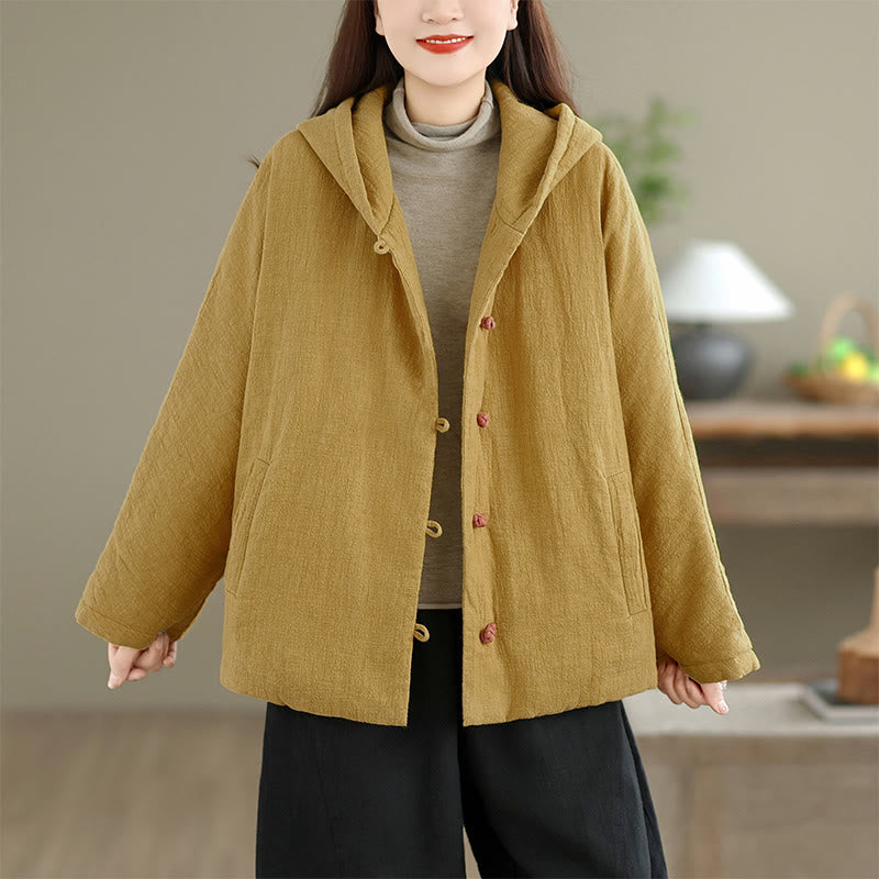 Chaqueta de algodón grueso de manga larga para mujer, lisa, con botones de rana y Buddha Stones, con bolsillos y capucha - image 3