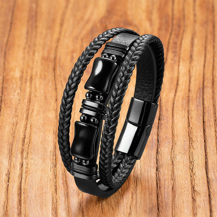 Pulsera de cuero trenzado con cristales positivos de Buddha Stones, aventurina verde, amatista, ónix negro y rosa - Ónix negro - 18-22 cm - image 6