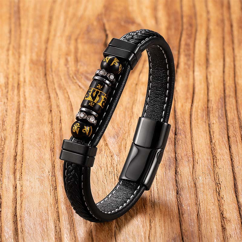 Pulsera de protección del equilibrio con Buddha Stones, Om Mani Padme Hum, símbolo de dragón, ónix negro, cuero, titanio y acero. - Ónix negro Om Mani Padme Hum, - 18-22 cm - image 0