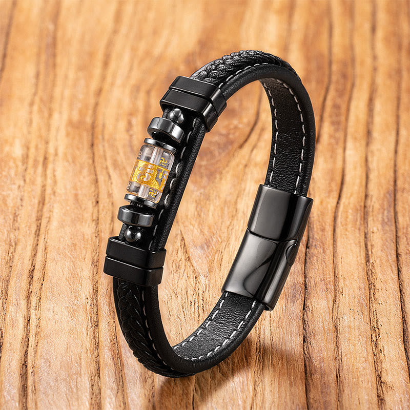 Pulsera de protección del equilibrio con Buddha Stones, Om Mani Padme Hum, símbolo de dragón, ónix negro, cuero, titanio y acero. - Mantra Liuli Blanco - 18-22 cm - image 5