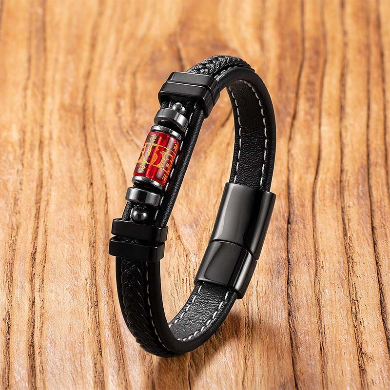 Pulsera de protección del equilibrio con Buddha Stones, Om Mani Padme Hum, símbolo de dragón, ónix negro, cuero, titanio y acero. - Mantra Liuli Rojo - 18-22 cm - image 9