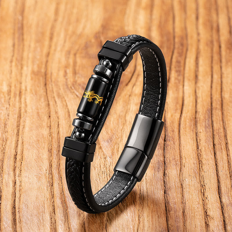 Pulsera de protección del equilibrio con Buddha Stones, Om Mani Padme Hum, símbolo de dragón, ónix negro, cuero, titanio y acero. - Dragón de ónix negro - 18-22 cm - image 7