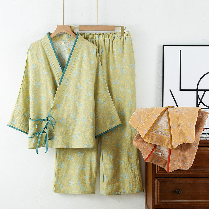 Conjunto de pijama de algodón con bolsillos, camisa y pantalones de manga larga con cuello en V y hojas florales de colores, 2 piezas , Buddha Stones - AmarilloVerde - US12，UK/AU16，EU44 (XL) - image 0