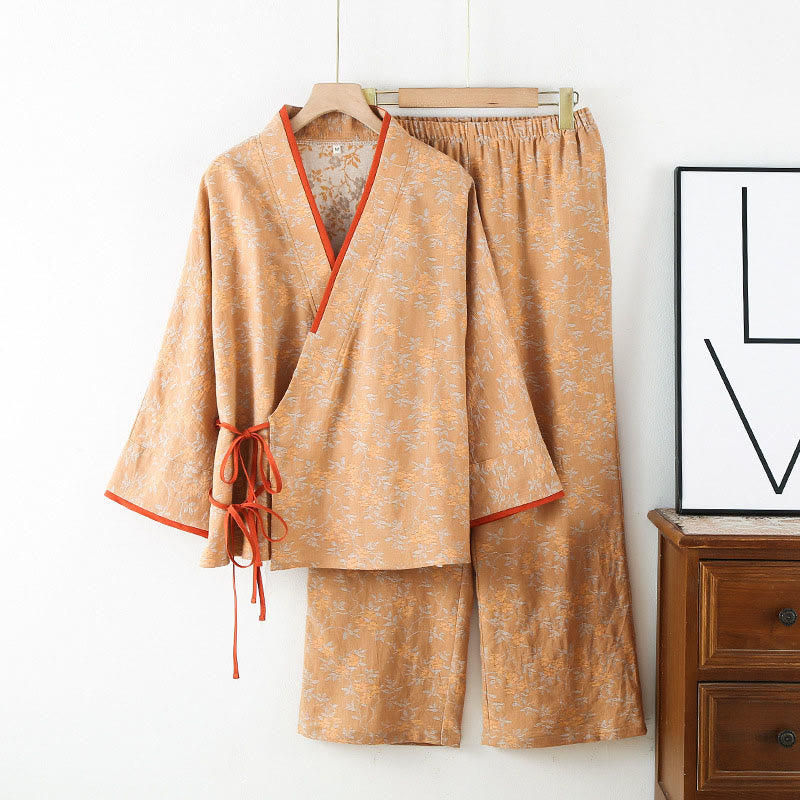 Conjunto de pijama de algodón con bolsillos, camisa y pantalones de manga larga con cuello en V y hojas florales de colores, 2 piezas , Buddha Stones - SandyBrown - US12，UK/AU16，EU44 (XL) - image 12