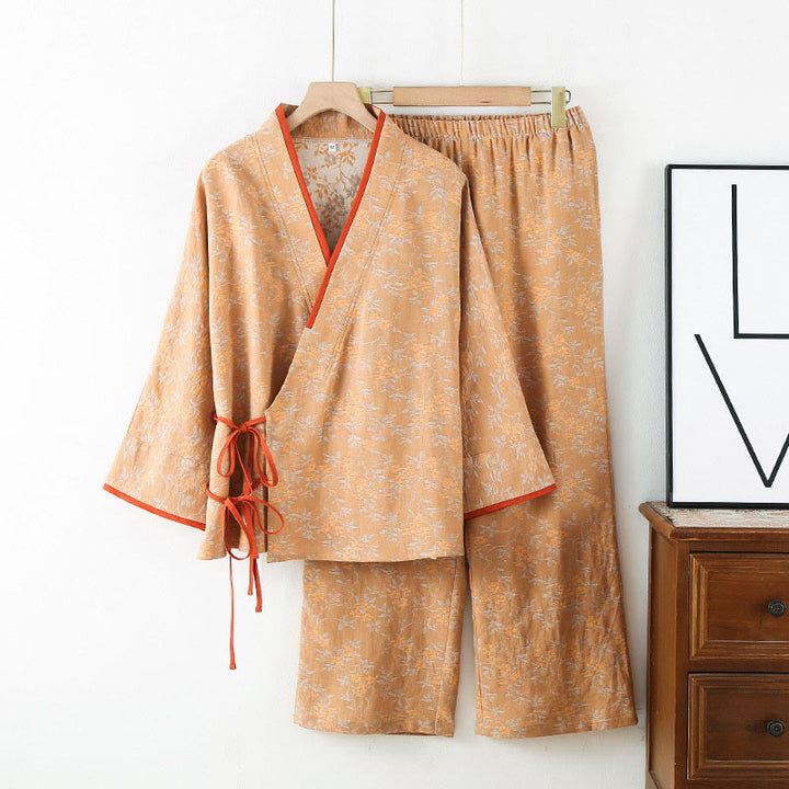 Conjunto de pijama de algodón con bolsillos, camisa y pantalones de manga larga con cuello en V y hojas florales de colores, 2 piezas , Buddha Stones - SandyBrown - US12，UK/AU16，EU44 (XL) - image 12