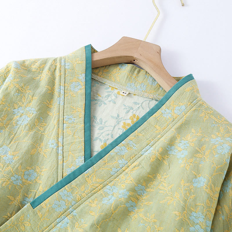 Conjunto de pijama de algodón con bolsillos, camisa y pantalones de manga larga con cuello en V y hojas florales de colores, 2 piezas , Buddha Stones - image 1