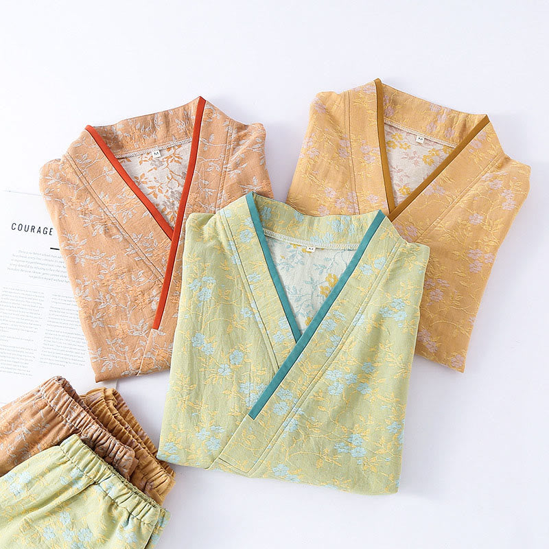 Conjunto de pijama de algodón con bolsillos, camisa y pantalones de manga larga con cuello en V y hojas florales de colores, 2 piezas , Buddha Stones - image 14