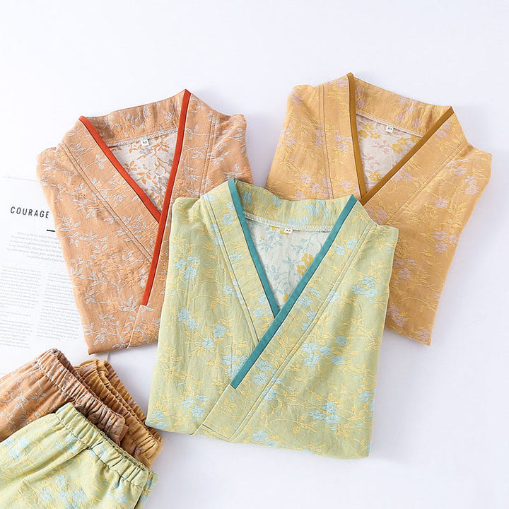 Conjunto de pijama de algodón con bolsillos, camisa y pantalones de manga larga con cuello en V y hojas florales de colores, 2 piezas , Buddha Stones - image 14