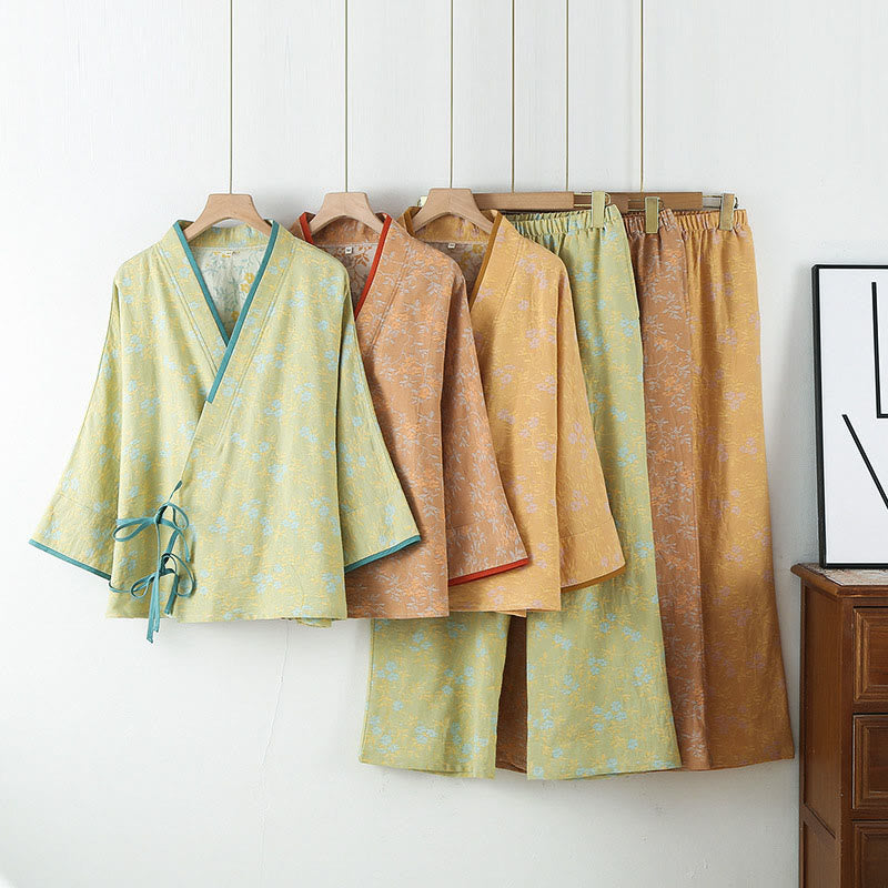 Conjunto de pijama de algodón con bolsillos, camisa y pantalones de manga larga con cuello en V y hojas florales de colores, 2 piezas , Buddha Stones - image 13