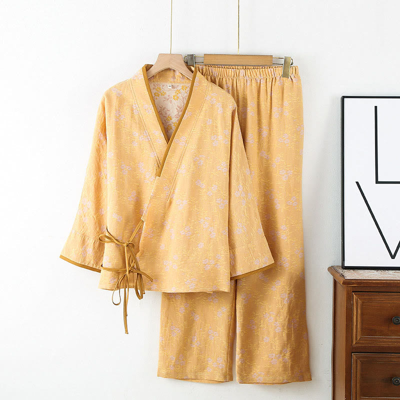 Conjunto de pijama de algodón con bolsillos, camisa y pantalones de manga larga con cuello en V y hojas florales de colores, 2 piezas , Buddha Stones - Naranja - US12，UK/AU16，EU44 (XL) - image 11