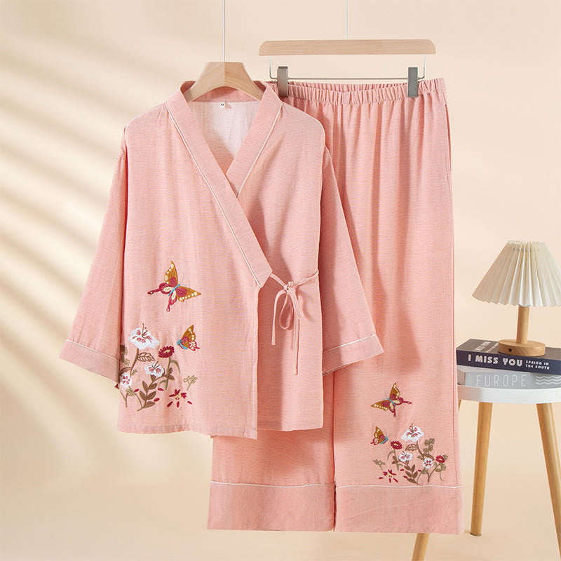 Conjunto de pijama de algodón con Buddha Stones, 2 piezas, estampado floral colorido, mariposa, manga larga, cuello en V, pantalones y bolsillos - Rosa claro - US6，UK/AU10，EU38 (XL) - image 6
