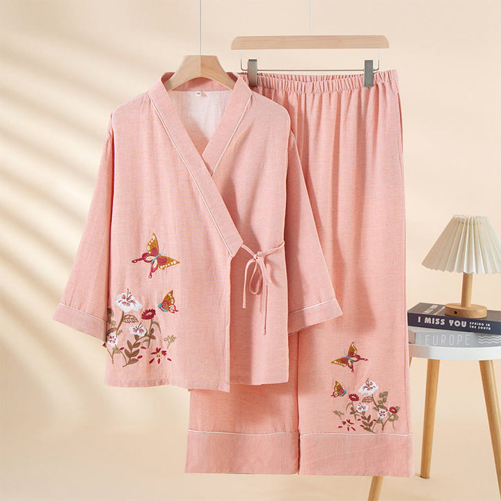 Conjunto de pijama de algodón con Buddha Stones, 2 piezas, estampado floral colorido, mariposa, manga larga, cuello en V, pantalones y bolsillos - Rosa claro - US6，UK/AU10，EU38 (XL) - image 6