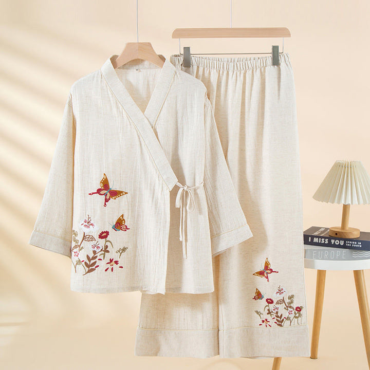 Conjunto de pijama de algodón con Buddha Stones, 2 piezas, estampado floral colorido, mariposa, manga larga, cuello en V, pantalones y bolsillos - Nieve - US6，UK/AU10，EU38 (XL) - image 0