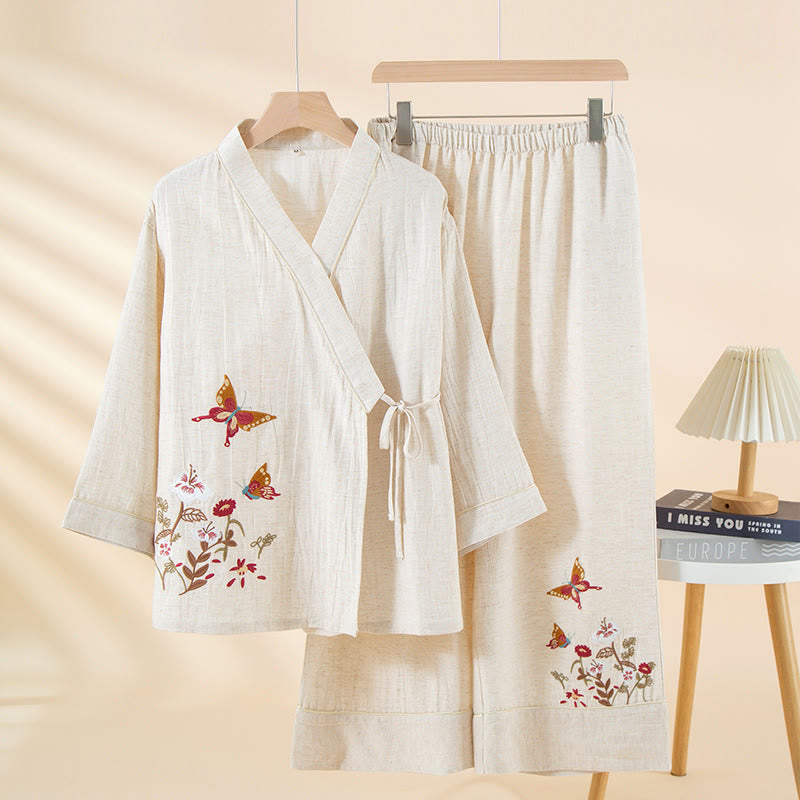 Conjunto de pijama de algodón con Buddha Stones, 2 piezas, estampado floral colorido, mariposa, manga larga, cuello en V, pantalones y bolsillos - Nieve - US6，UK/AU10，EU38 (XL) - image 0