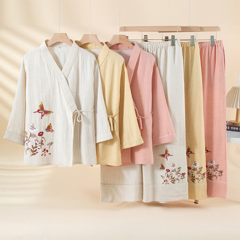Conjunto de pijama de algodón con Buddha Stones, 2 piezas, estampado floral colorido, mariposa, manga larga, cuello en V, pantalones y bolsillos - image 7