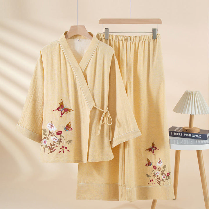 Conjunto de pijama de algodón con Buddha Stones, 2 piezas, estampado floral colorido, mariposa, manga larga, cuello en V, pantalones y bolsillos - Mocasín - US6，UK/AU10，EU38 (XL) - image 5