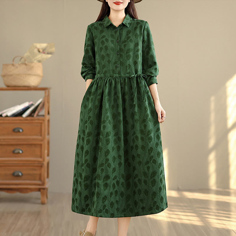 Vestido midi de algodón con cuello alto, manga larga y bolsillos, estampado de hojas y Buddha Stones - image 2