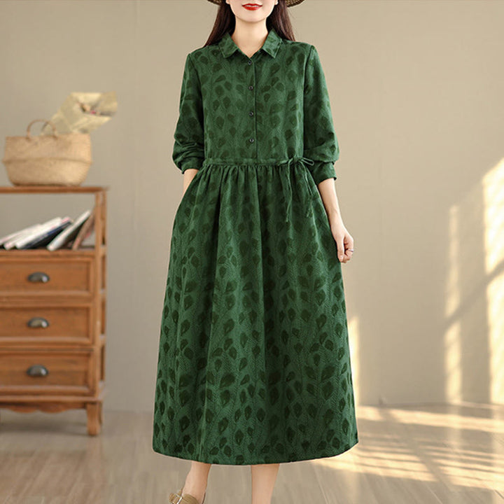 Vestido midi de algodón con cuello alto, manga larga y bolsillos, estampado de hojas y Buddha Stones - image 2