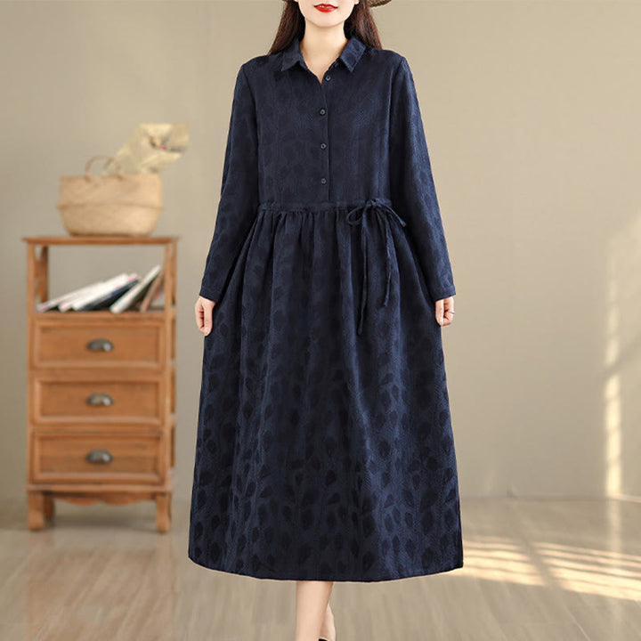 Vestido midi de algodón con cuello alto, manga larga y bolsillos, estampado de hojas y Buddha Stones - image 10