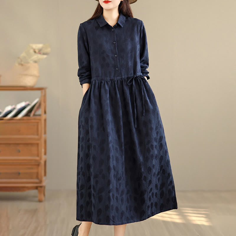 Vestido midi de algodón con cuello alto, manga larga y bolsillos, estampado de hojas y Buddha Stones - image 11