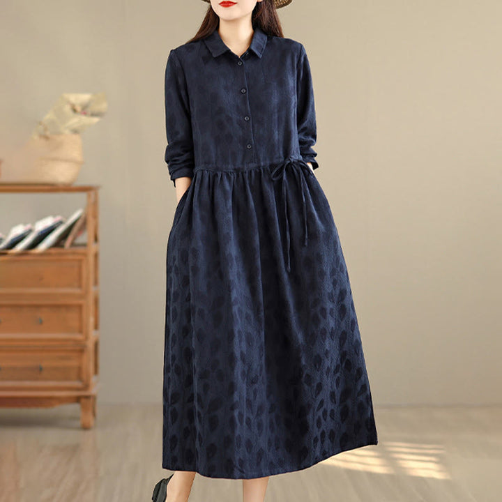 Vestido midi de algodón con cuello alto, manga larga y bolsillos, estampado de hojas y Buddha Stones - image 11