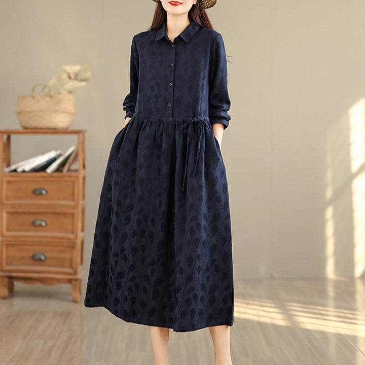 Vestido midi de algodón con cuello alto, manga larga y bolsillos, estampado de hojas y Buddha Stones - image 12