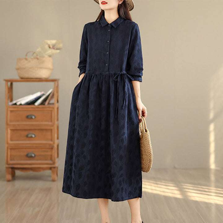 Vestido midi de algodón con cuello alto, manga larga y bolsillos, estampado de hojas y Buddha Stones - Azul medianoche - US8-10，UK/AU12-14，EU40-42 (2XL) - image 9