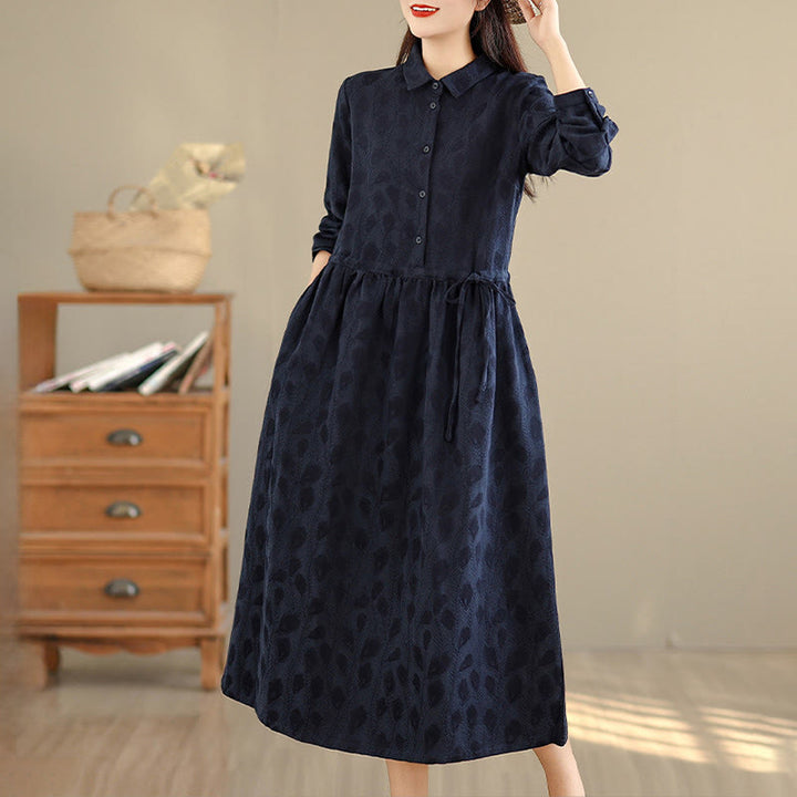 Vestido midi de algodón con cuello alto, manga larga y bolsillos, estampado de hojas y Buddha Stones - image 13