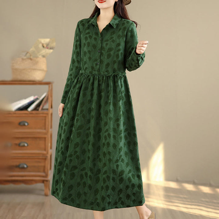 Vestido midi de algodón con cuello alto, manga larga y bolsillos, estampado de hojas y Buddha Stones - image 4