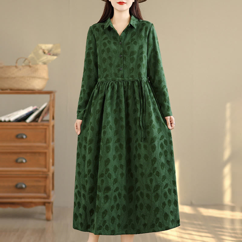 Vestido midi de algodón con cuello alto, manga larga y bolsillos, estampado de hojas y Buddha Stones - image 3