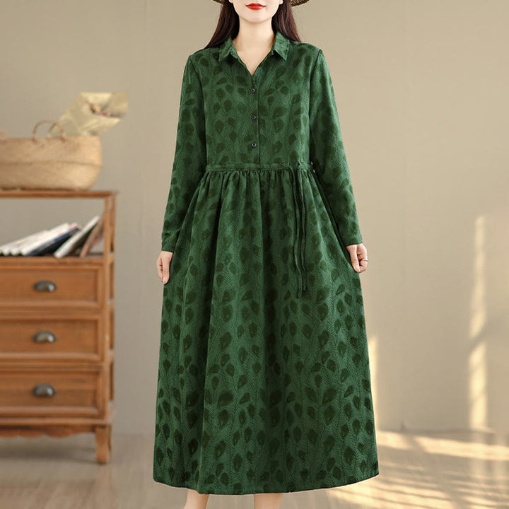 Vestido midi de algodón con cuello alto, manga larga y bolsillos, estampado de hojas y Buddha Stones - image 3