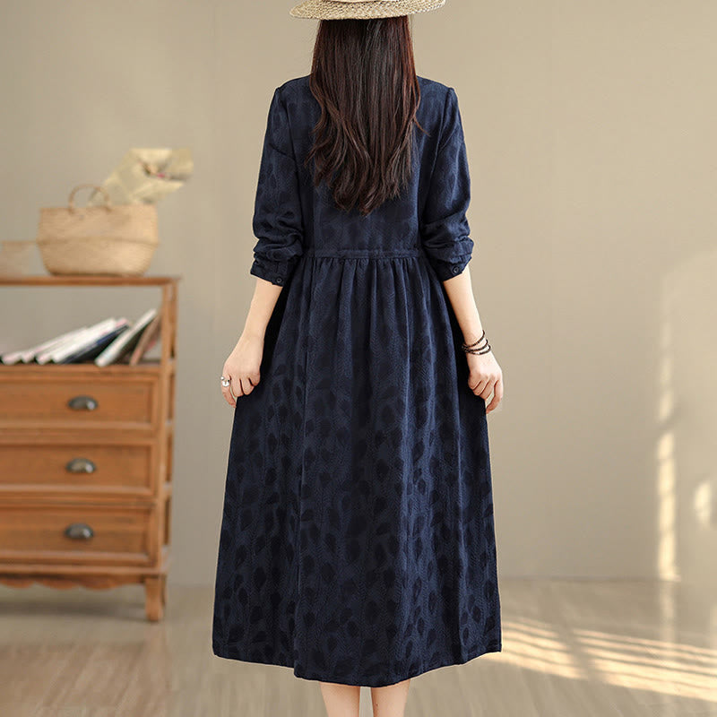 Vestido midi de algodón con cuello alto, manga larga y bolsillos, estampado de hojas y Buddha Stones - image 14