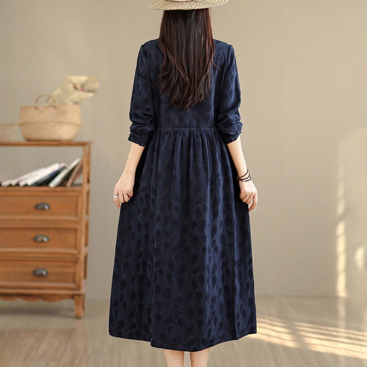 Vestido midi de algodón con cuello alto, manga larga y bolsillos, estampado de hojas y Buddha Stones - image 14