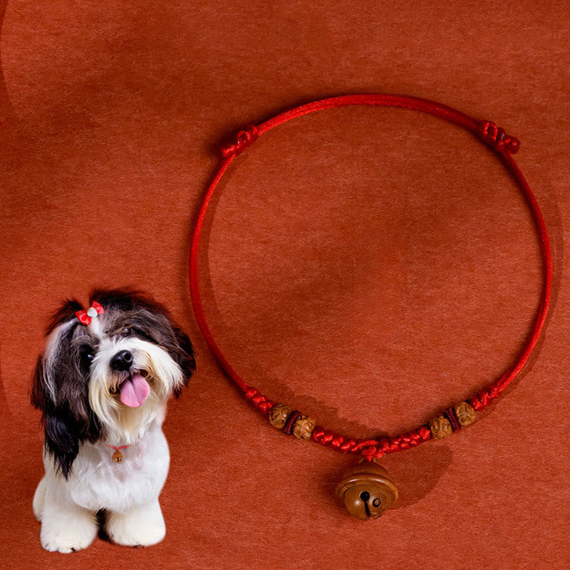 Collar para mascotas con cuentas de madera de durazno y cuerda roja de Buddha Stones, ajustable y resistente, para gatos y perros pequeños. - Cuerda roja - 50-65 cm - image 0