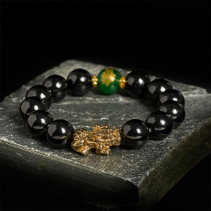 Pulsera de protección Pi Xiu con cuentas de ágata verde y ónix negro de Buddha Stones - Ónix negro - 14 mm (circunferencia de la muñeca: 16-17 cm) - image 0