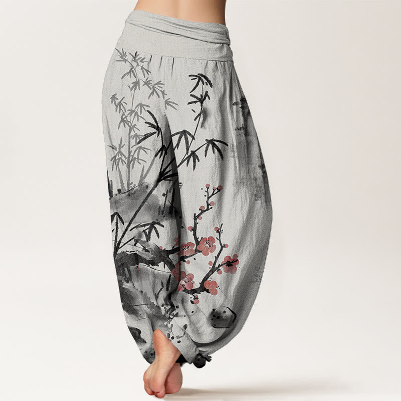Pantalones bombachos de cintura elástica para mujer con estampado de Buddha Stones, flores de ciruelo, bambú, orquídeas y crisantemos. - image 1